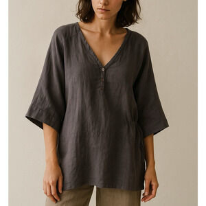 Organic Cotton Tunic Top L Gray Minimalist Boho 3/4 Sleeve Sustainable Roll Tab